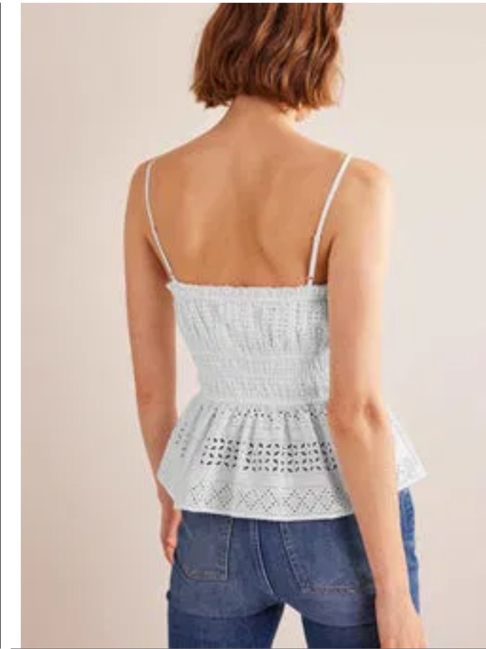 Boden White Eyelet Cotton Peplum Cami Top Womens 12 Embroidered Lined Boho - Picture 3 of 10